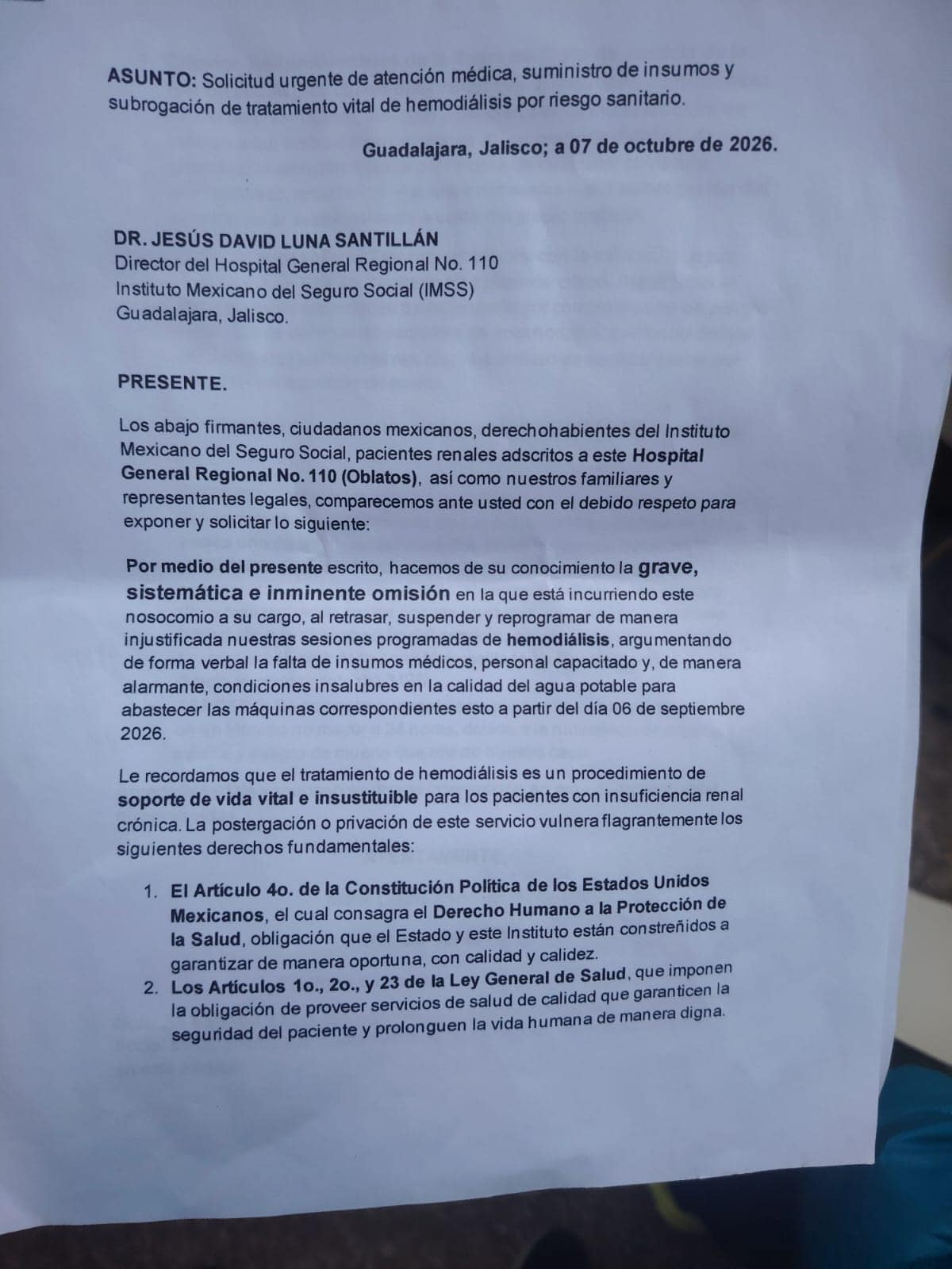 Pacientes renales exigen agua limpia para no perder sus hemodiálisis