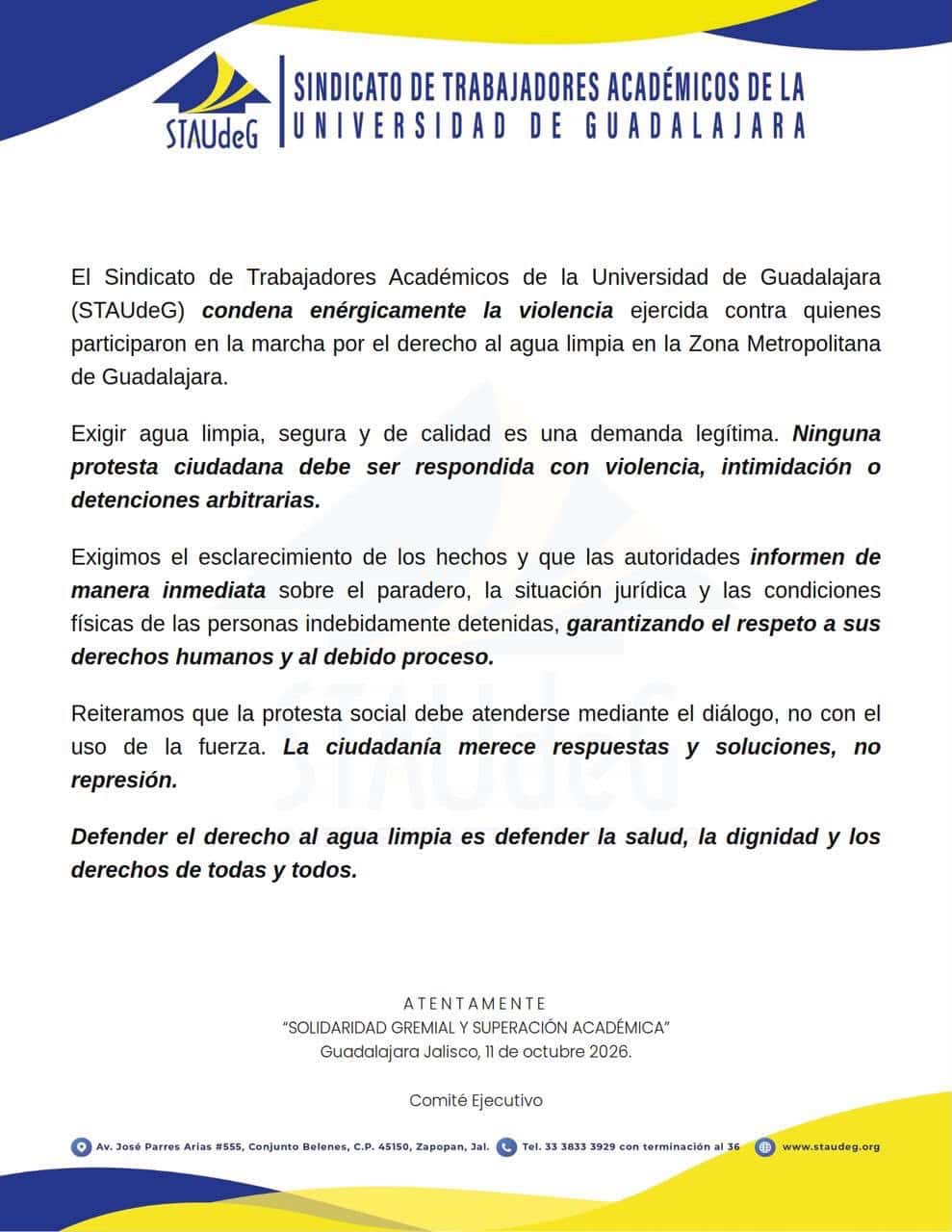 STAUdeG condena violencia en marcha por el agua; se suma a pronunciamientos de FEU, UdeG e ITESO