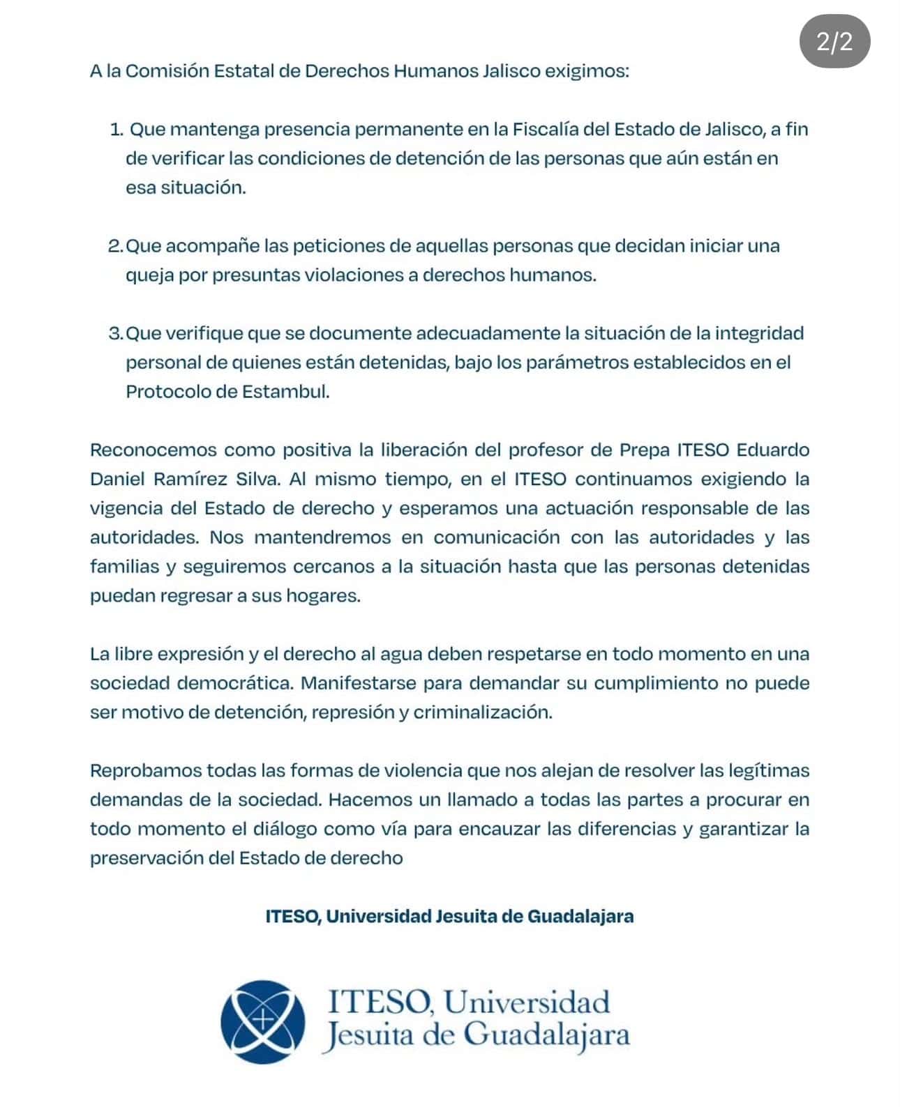 ITESO exige esclarecer detenciones tras marcha por el agua; confirma que uno de sus egresados sigue detenido