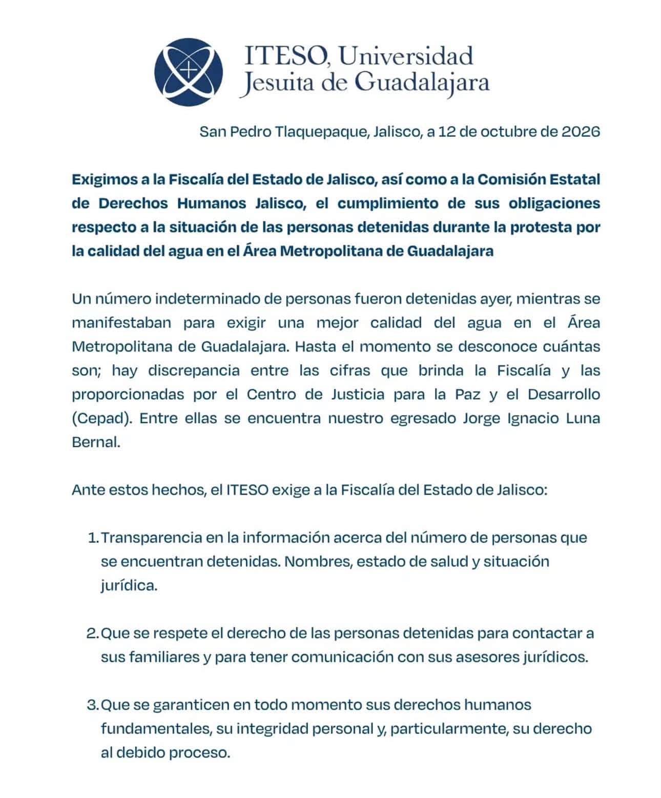 ITESO exige esclarecer detenciones tras marcha por el agua; confirma que uno de sus egresados sigue detenido