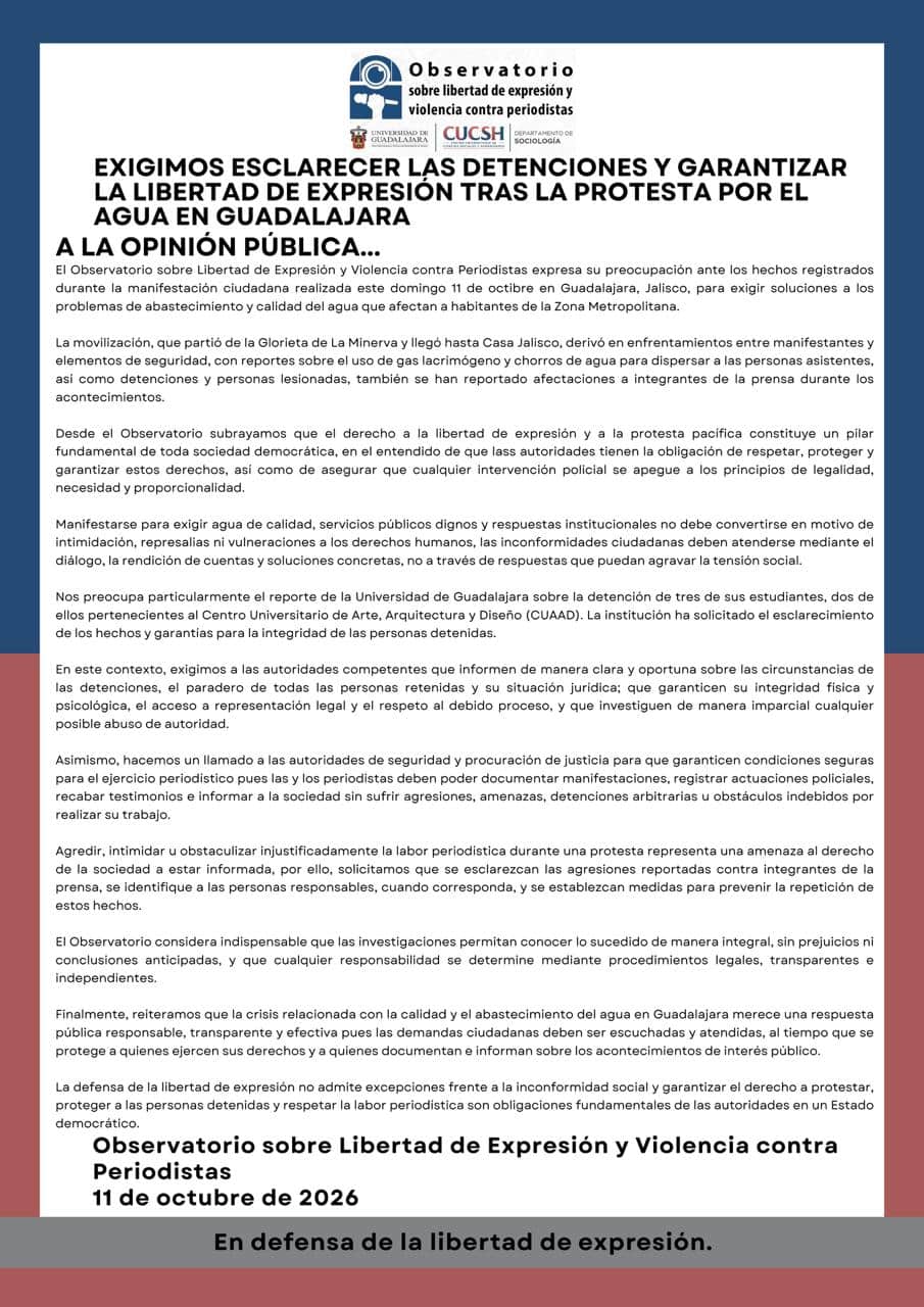 Observatorio sobre Libertad de Expresión exige esclarecer detenciones y agresiones a periodistas durante protesta por el agua