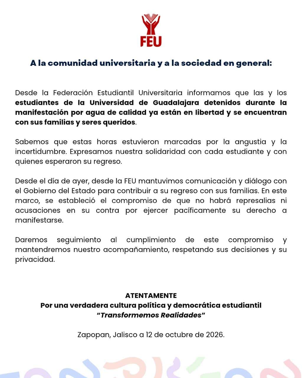 FEU confirma que estudiantes detenidos durante protesta ya están con sus familias